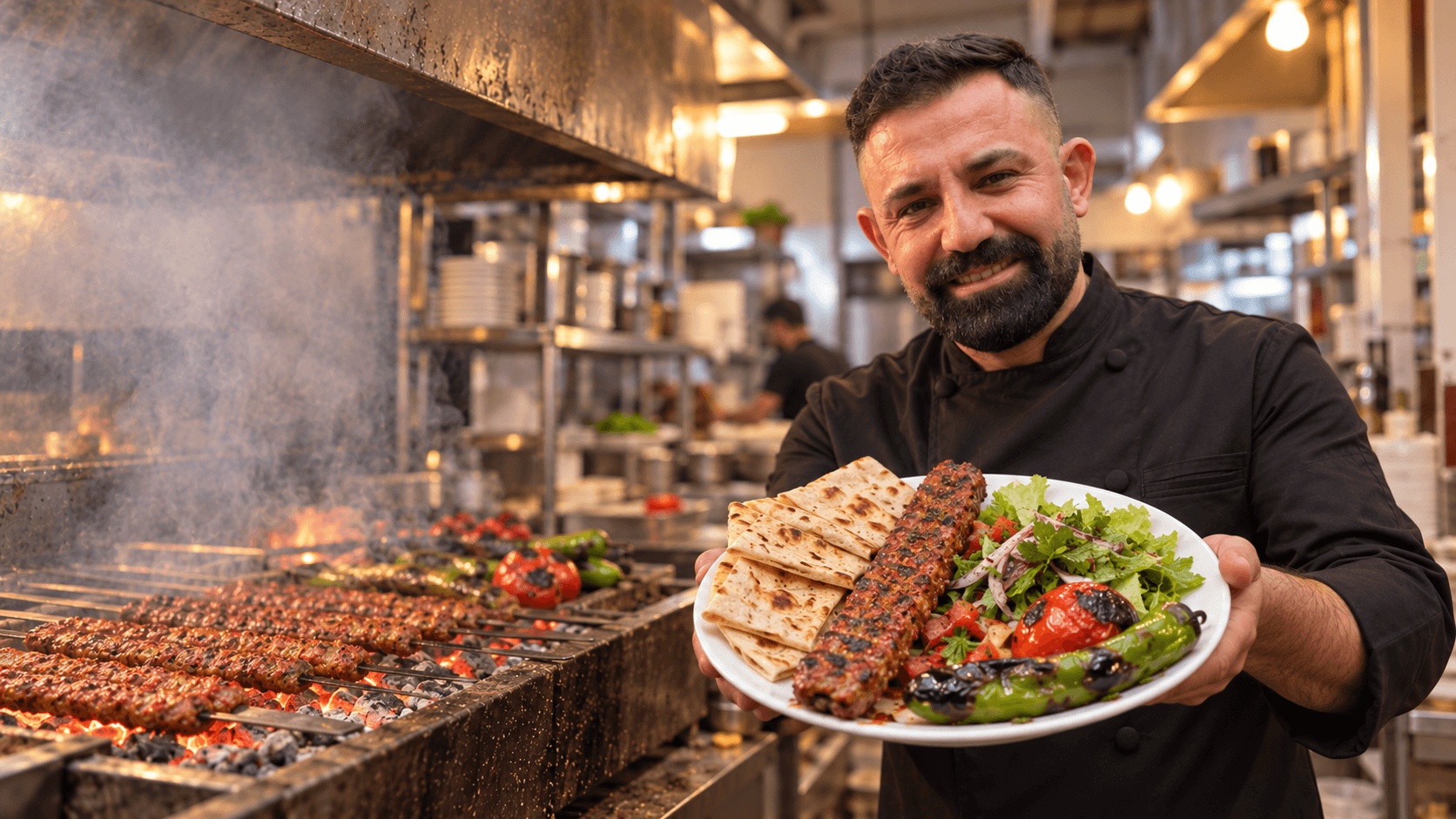 Kebapçı Selo ustası ocakbaşında, elinde Adana kebap tabağı